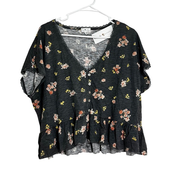True Craft Tops - True Craft Womens Floral V-Neck Peplum Top Charcoal Grey Lace Trim Large NWT